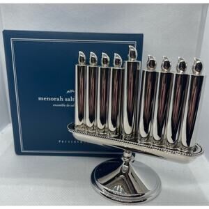 Pottery Barn Menorah Salt & Pepper Set 9 Branch Silver Hanukkah 3pc 4.5" NEW !